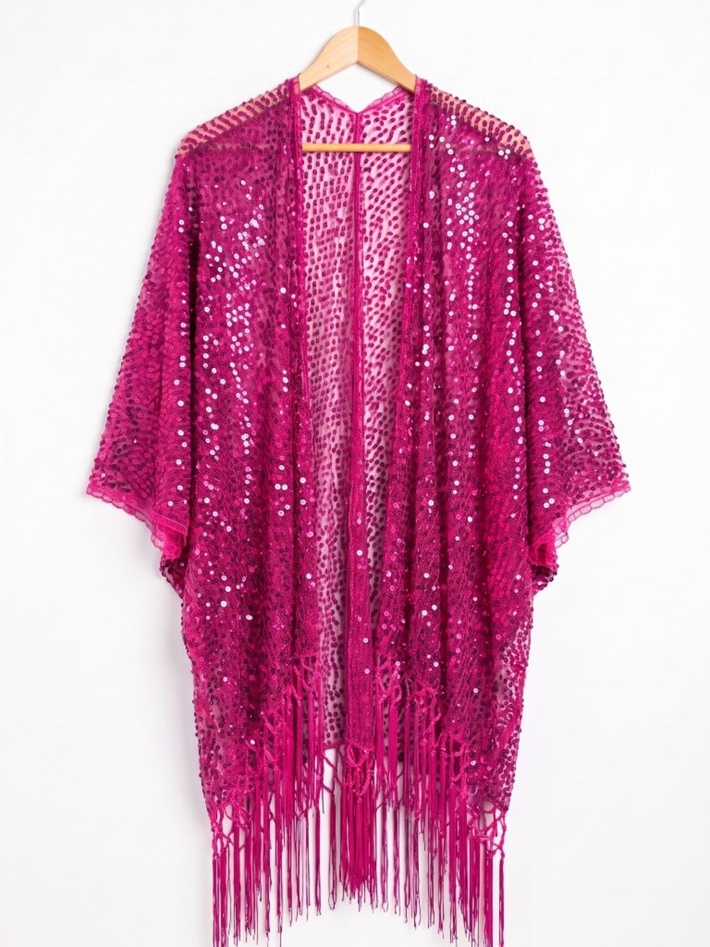 Sparkly Hot Pink Sequin Kimono Duster with Fringe | Music Festival Cardigan | Bo